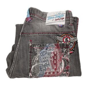 SIVE JUNGLE & CO Mens 36 Gray Y2K City Urban Jungle Embroidered Streetwear Jeans